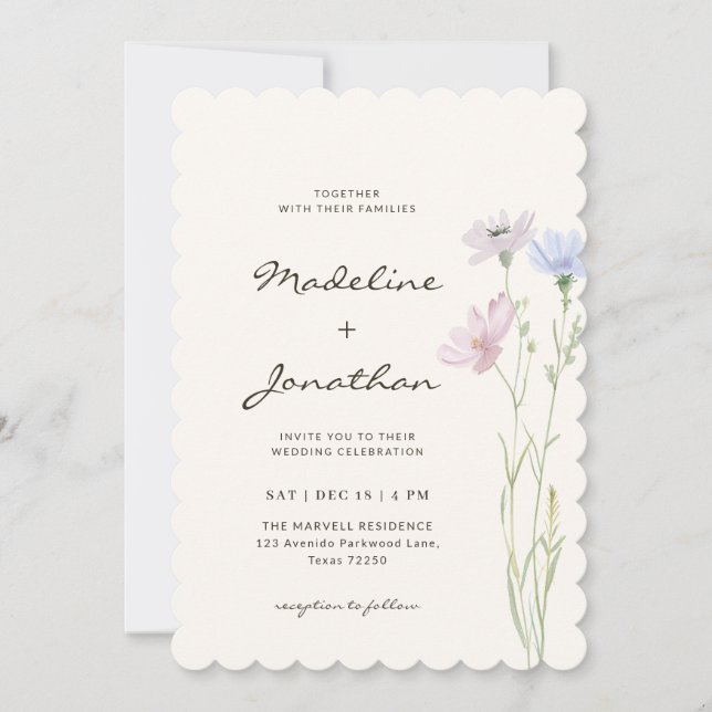 Invitation Simple Chic Fleur Sauvage Beige Mariage (Devant)