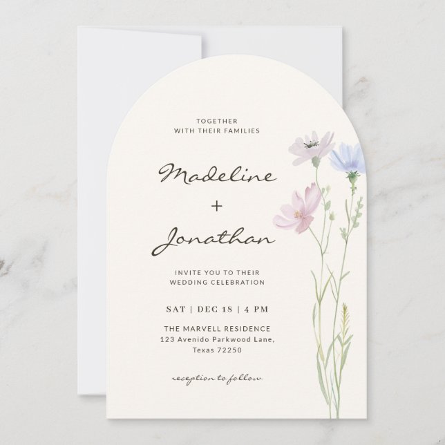 Invitation Simple Chic Fleur Sauvage Beige Mariage (Devant)
