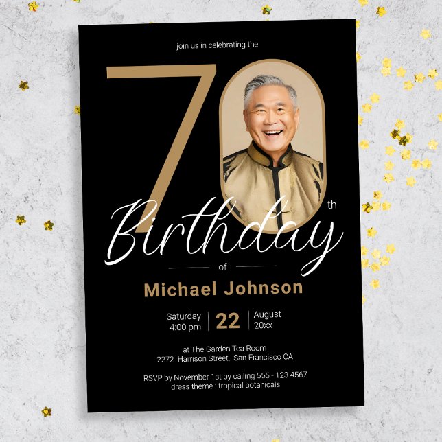 Invitation Simple Chic Gold Black Photo 70e anniversaire (Mockup View)