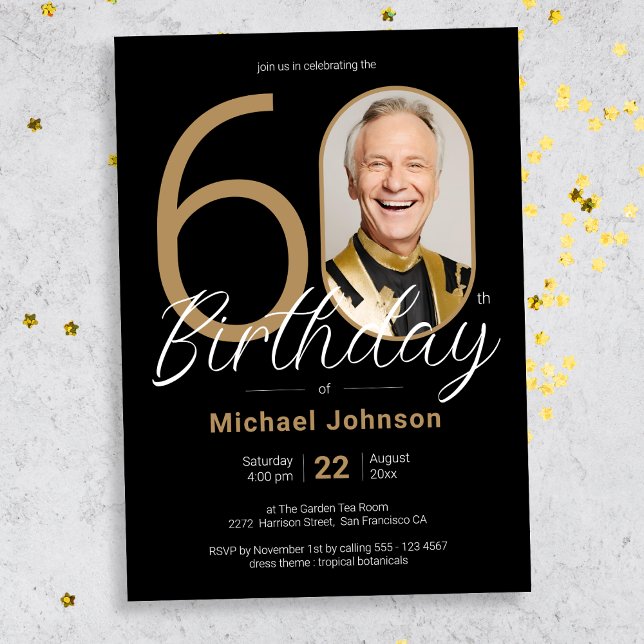 Invitation Simple Chic Gold Black Photo personnalisée 60e ann (Mockup View)