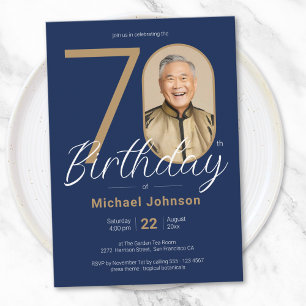 Invitation Simple Chic Gold Navy Blue Photo 70e anniversaire