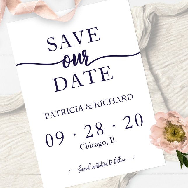 Invitation Simple Chic Mariage Bleu Nuit Blanc Save The Date (Créateur téléchargé)