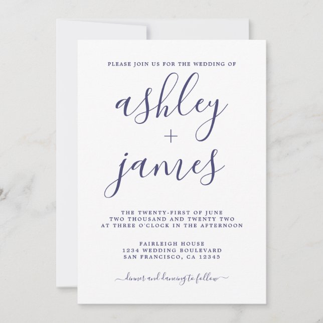 Invitation Simple Chic Navy Mariage de calligraphie bleue (Devant)