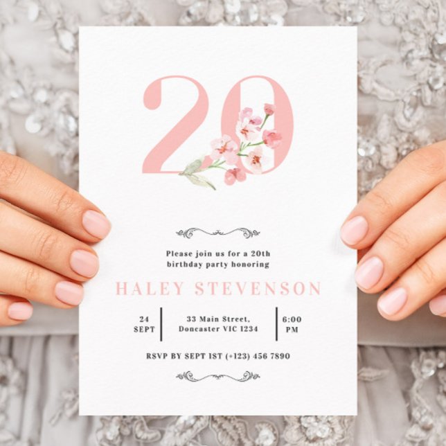 Invitation Simple Chic Rose Pâle Blanc Floral 20e Anniversair (Créateur téléchargé)