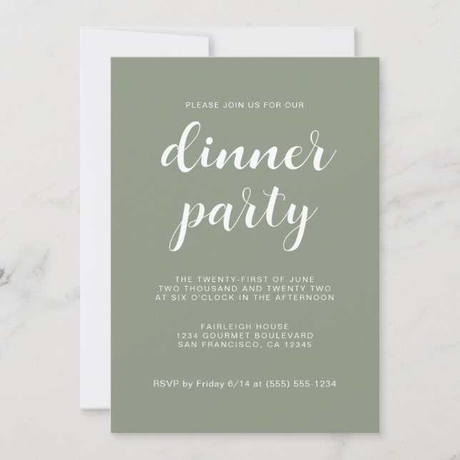Invitation Simple Chic Script Sage Green Dinner Party (Devant)