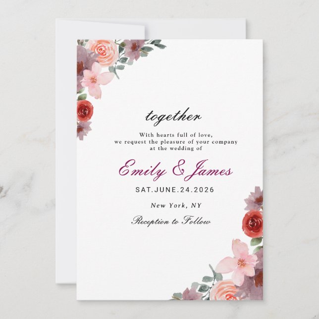 Invitation simple chic Watercolor Floral mariage (Devant)