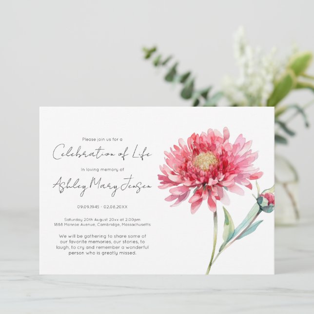 Invitation Simple Chrysanthème Célébration de la Vie Funérail (Debout devant)
