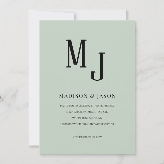 Invitation Simple Classic Sage Vert Monogramme romain Mariage (Devant)