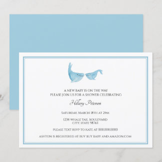 Invitation Simple classique Aquarelle Baleine baby shower ble