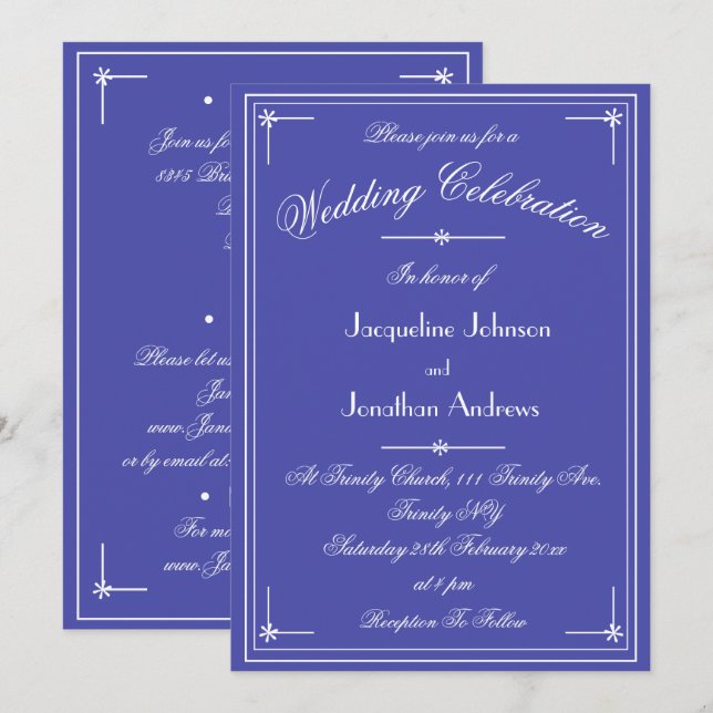 Invitation Simple Classique Beau Mariage Tout En Un Bleu (Devant / Derrière)