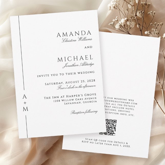 Invitation Simple Classique Élégant Monogramme Code QR Mariag (Available in both printed and instant download digital formats.)