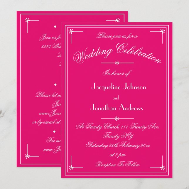 Invitation Simple Classique Fuchsia & Blanc Tout En Un Mariag (Devant / Derrière)