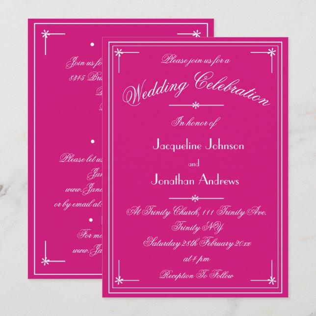 Invitation Simple Classique Magenta & Blanc Tout En Un Mariag (Devant / Derrière)