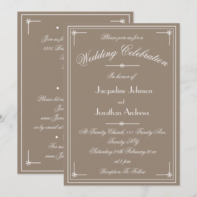 Invitation Simple Classique Mariage Tout En Un Beige & Blanc (Devant / Derrière)