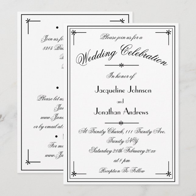 Invitation Simple Classique Mariage Tout En Un Blanc & Noir (Devant / Derrière)