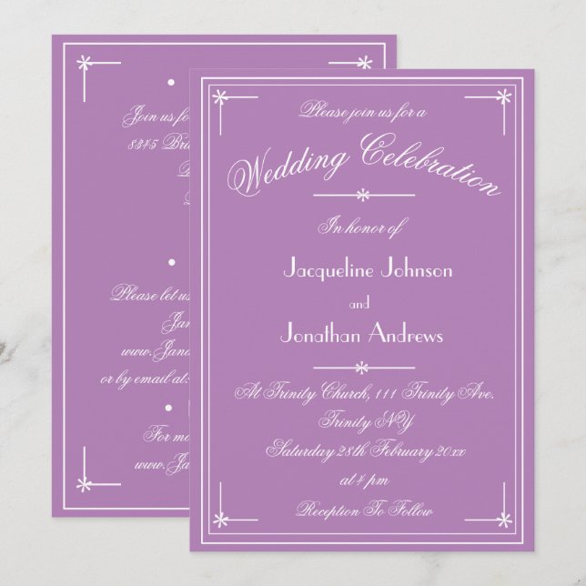 Invitation Simple Classique Mauve Lilas Tout En Un Mariage (Devant / Derrière)