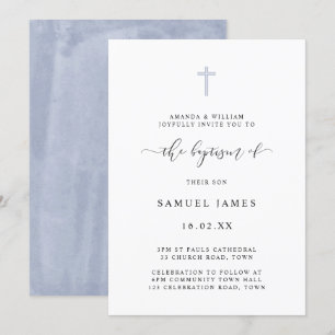 Invitation Simple Classique Minimaliste Baptême Aquarelle Ble
