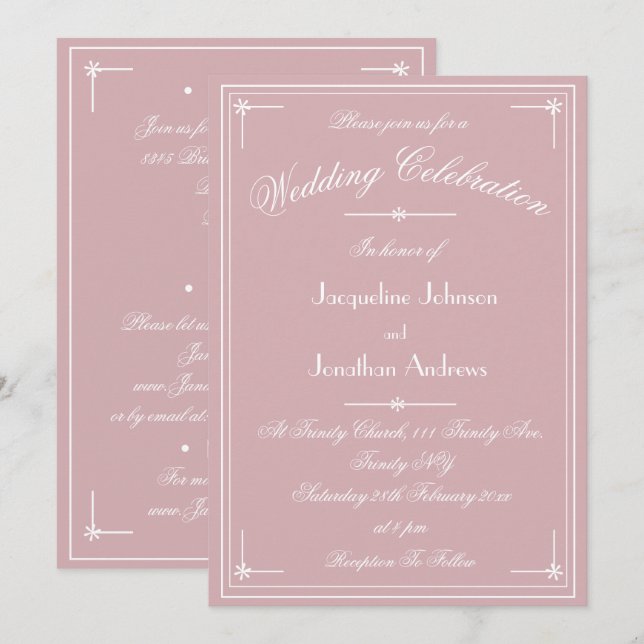 Invitation Simple Classique Rose Poussiéreuse Mariage Tout En (Devant / Derrière)