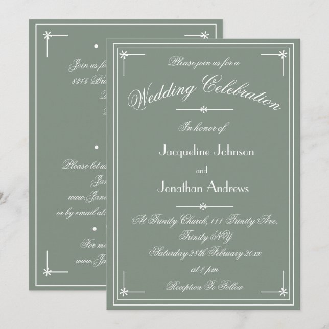 Invitation Simple Classique Vert Sauge Tout En Un Mariage (Devant / Derrière)
