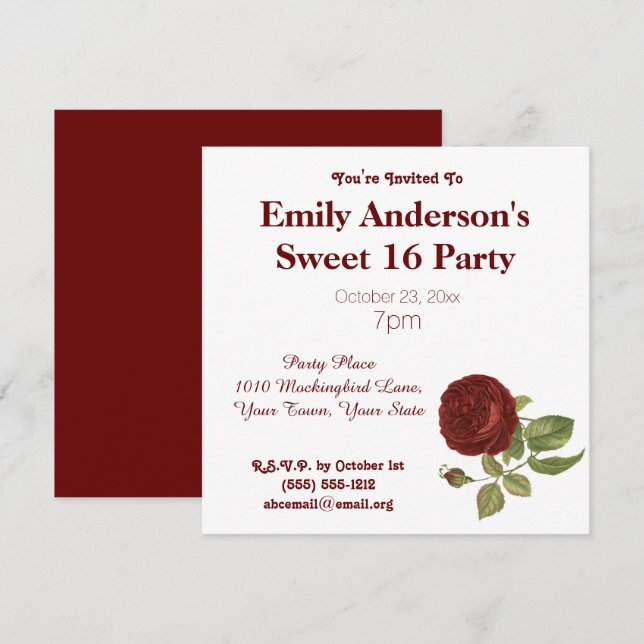 Invitation Simple Clean Red Rose Sweet 16 Anniversaire (Devant / Derrière)