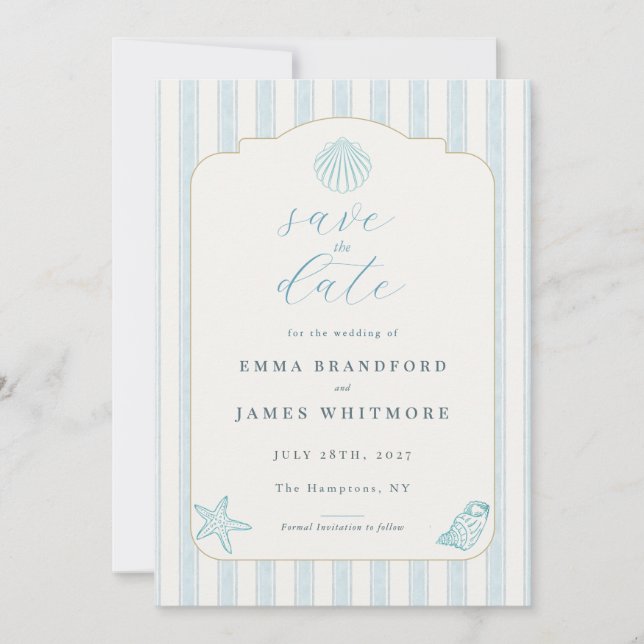 Invitation Simple Coastal Seashell Blue Wedding Save the Date (Devant)