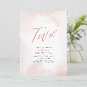 Invitation Simple cœur rose deux 2ème fête d'anniversaire fil