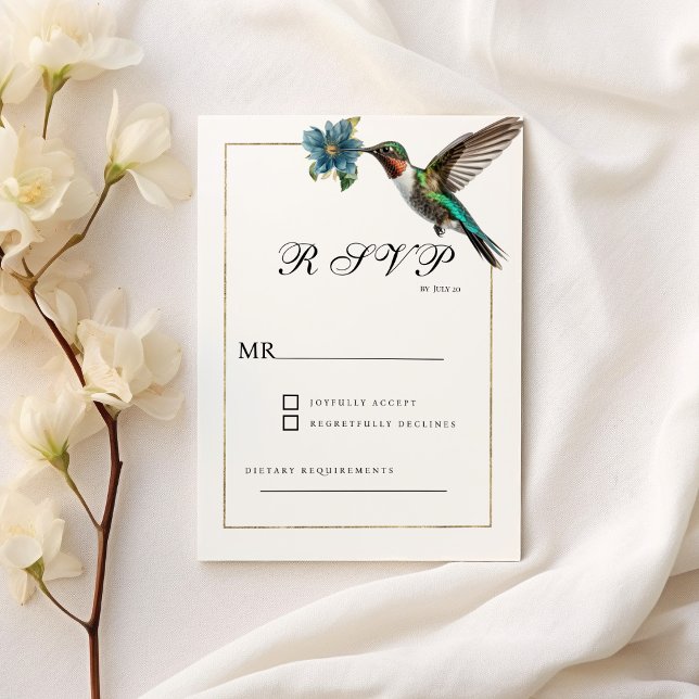 Invitation Simple colibri couleur or blanc RSVP (Simple white gold colorful hummingbird RSVP)