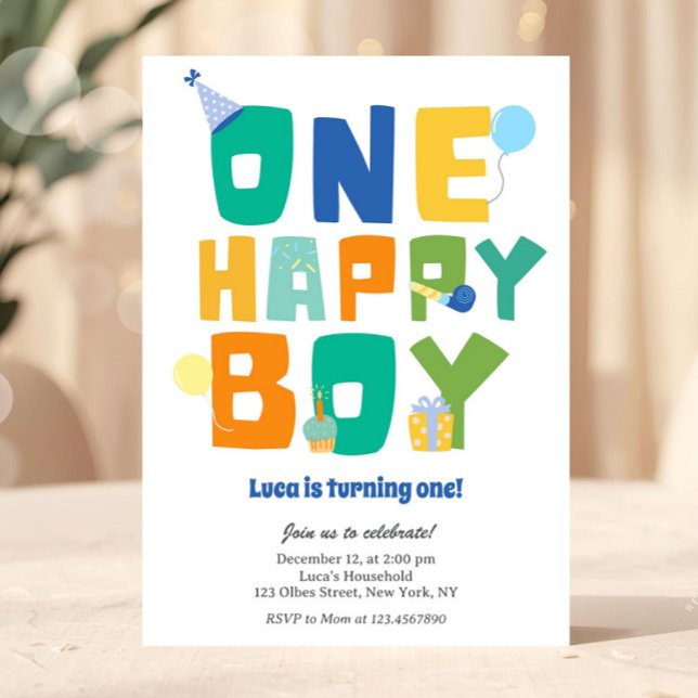 Invitation Simple Colorful One Happy Boy 1st Birthday Party  (first birthday, boy 1st birthday, boho first birthday, retro boy birthday, Blue and green invitation)