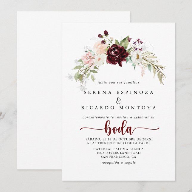 Invitation Simple couleur classique Floral Mariage espagnol (Devant / Derrière)