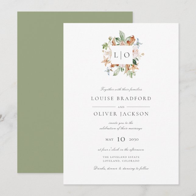 Invitation Simple Couronne Monogramme Aquarelle de Sauge Mari (Devant / Derrière)
