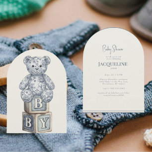 Invitation Simple Crème & Ours en Peluche Bleu Arche Baby Sho