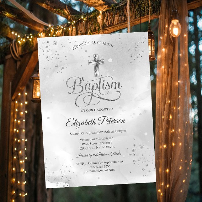 Invitation Simple croix argent élégant confettis (Créateur téléchargé)