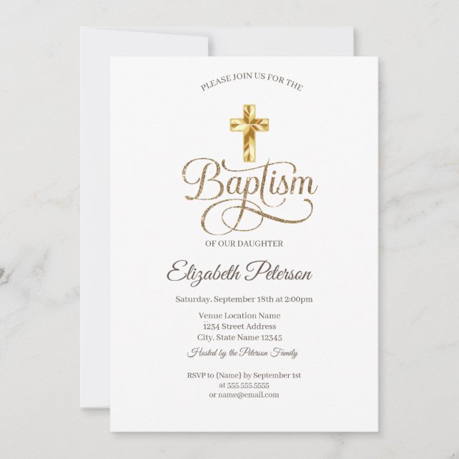 Invitation Simple Croix de Baptême Élégante en Or (Devant)