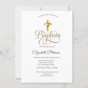 Invitation Simple Croix de Baptême Élégante en Or