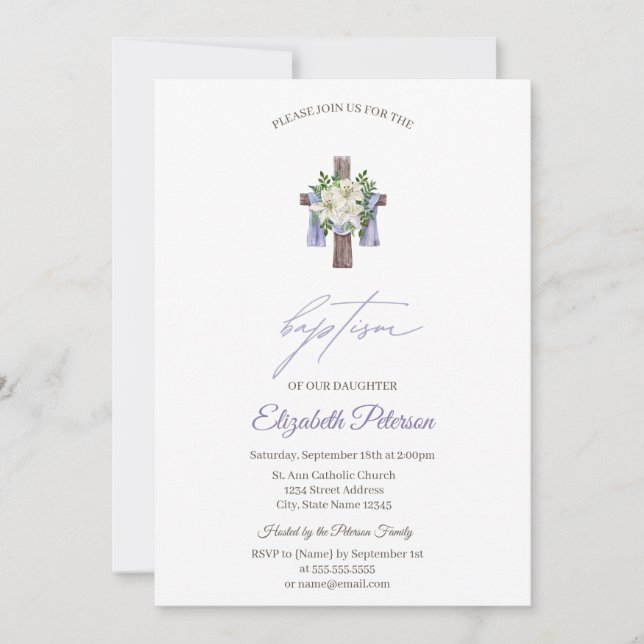 Invitation Simple croix florale de baptême (Devant)
