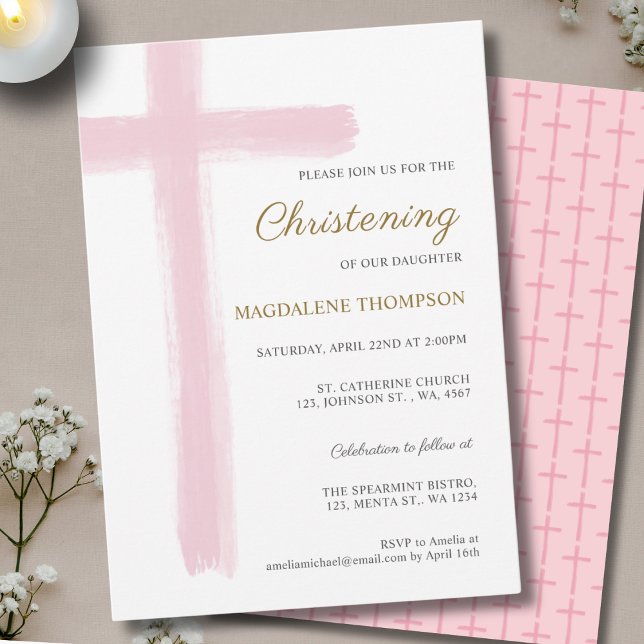 Invitation Simple Croix Rose Fille Christening Baptême (Créateur téléchargé)