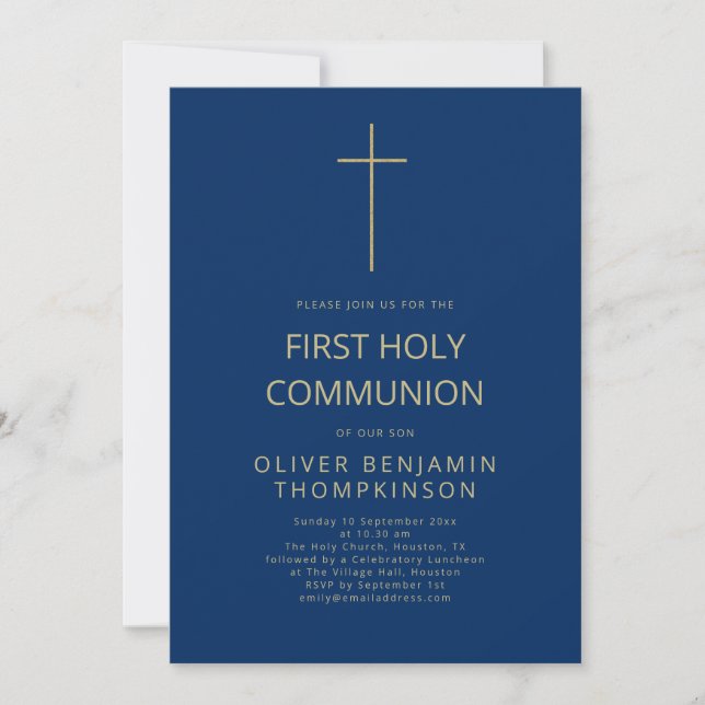 Invitation Simple Cross Boy First Holy Communion Marine Gold (Devant)