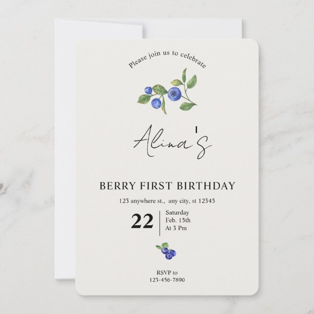 Invitation Simple Custom Berry first birthday fruit birthday  (Devant)