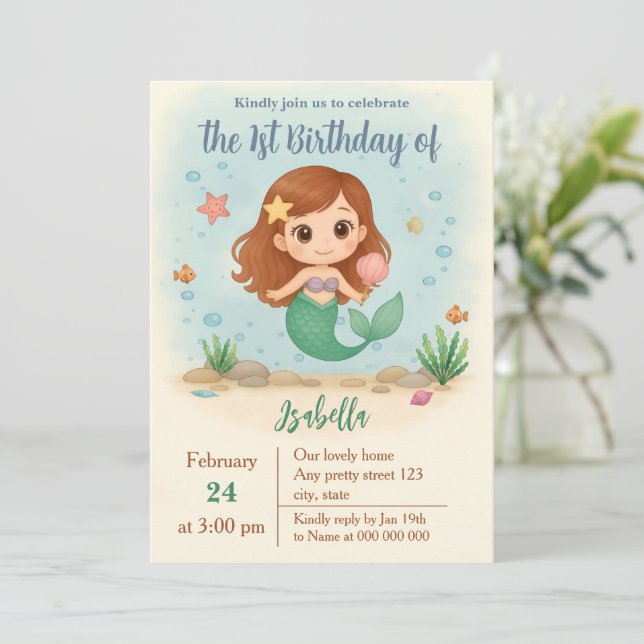 Invitation Simple cute little mermaid birthday (Debout devant)