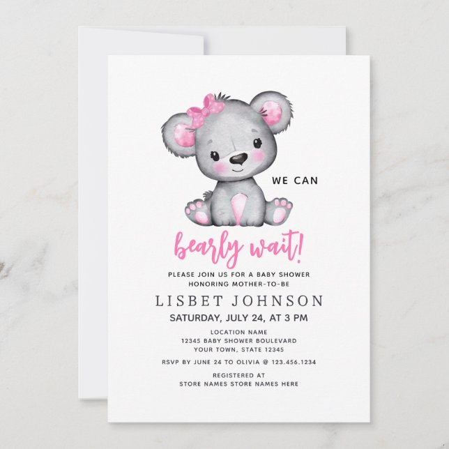 Invitation Simple Cute We Can Bearly Wait Pink Baby Shower (Devant)