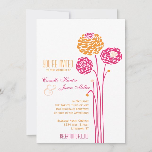 Invitation Simple Dahlia - Mariage rose et orange (Devant)