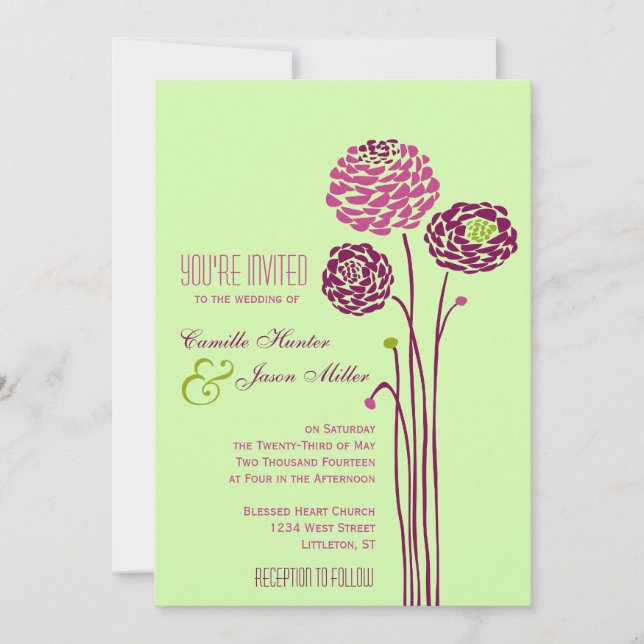 Invitation Simple Dahlia - Mariage vert et violet (Devant)