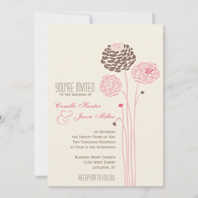 Invitation Simple Dahlia - rose Vintage et Mariage Brown (Devant)