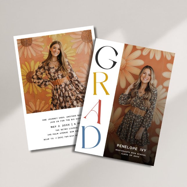 Invitation Simple Daisy Retro High School Graduation Photo (Créateur téléchargé)