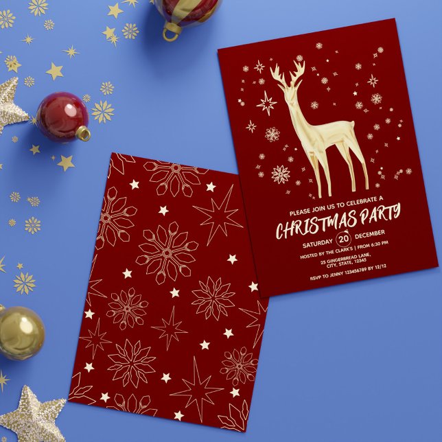 Invitation Simple Dark Festive Rouge et or Elegant Deer Xmas (Simple Dark Festive Red and Gold Elegant Deer Xmas Invitation)