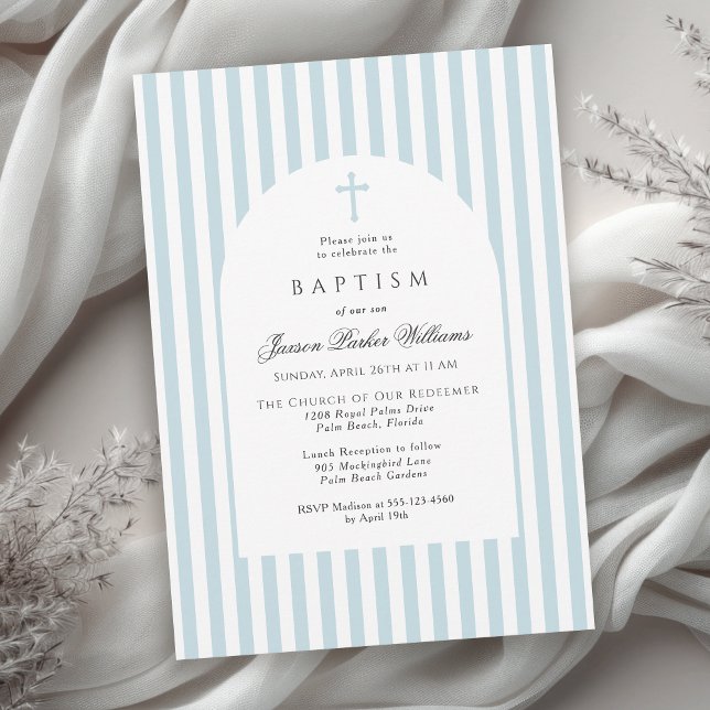Invitation simple de baptême à rayures bleues pour (Available in both printed and instant download digital formats.)