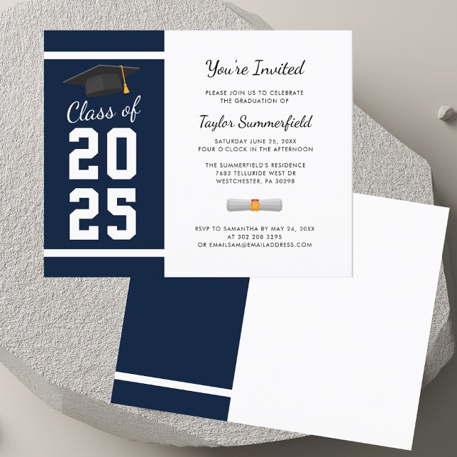 Invitation simple de fête de fin d'études 2023 Ble (Graduation 2025 Navy Blue Grad Party Invitation)