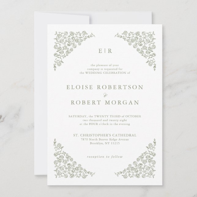 Invitation Simple Delicate Floral Timeless Sage Mariage vert (Devant)