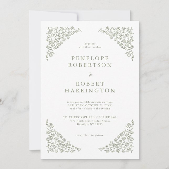 Invitation Simple Delicate Floral Timeless Sage Mariage vert (Devant)