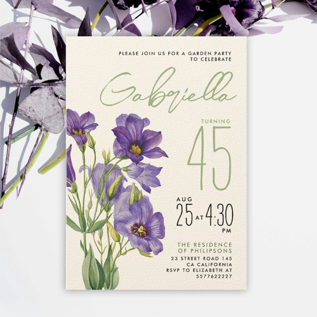 Invitation Simple Design Sage Vert pourpre Lisianthus Flower (Créateur téléchargé)